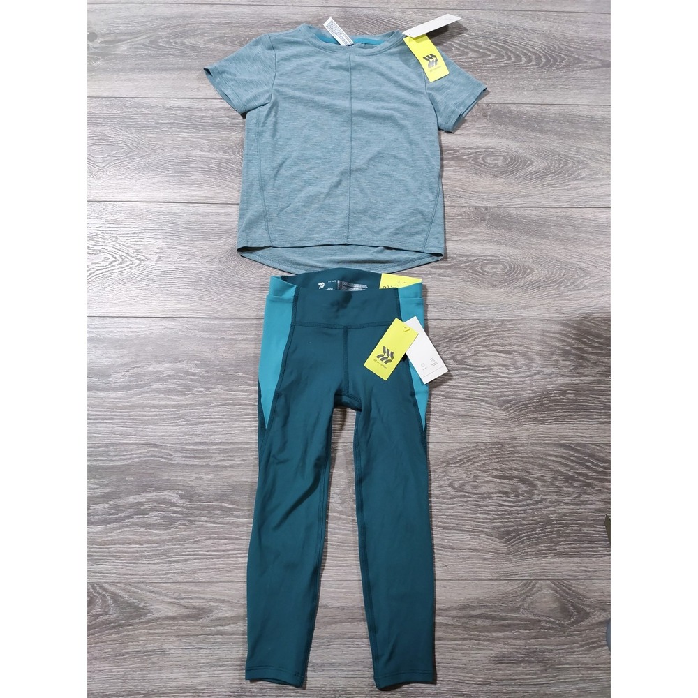 All in Motion Girls XS 4-5 Athletic Outfit Leggings Shirt Teal Green 2pc Set
